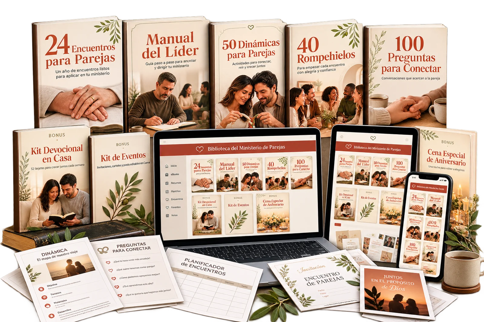 Todos los materiales de Matrimonios con Propósito: libros, tablet, celular y hojas imprimibles